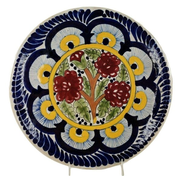 Talavera Pottery Blue Edge Plate Signed Mexico Handmade Art La Corona‎ Vintage - Picture 1 of 8
